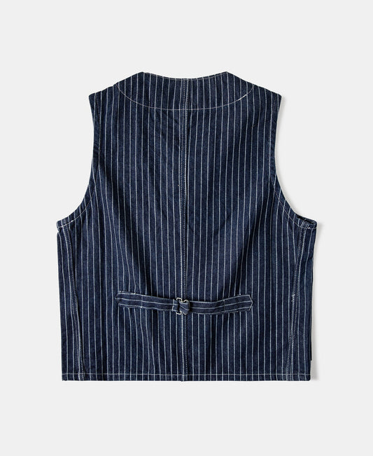 Wabash Stripe Work Vest Indigo – Side View | Ghosts Vintage