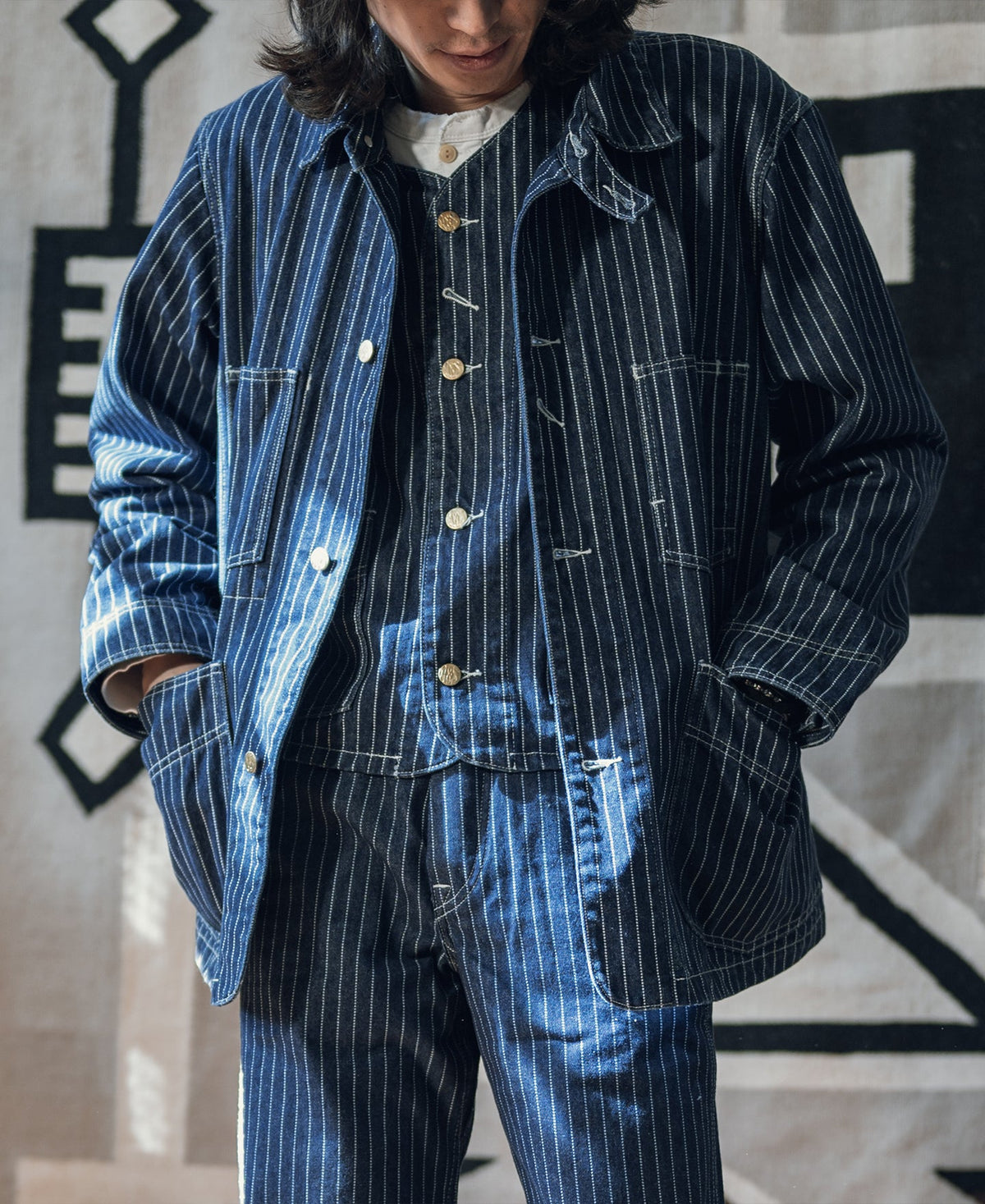 Wabash Stripe Work Vest Indigo – Back View | Ghosts Vintage