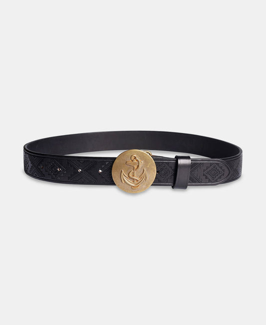 Western Tooled Plate Buckle Leather Belt Black – Front View | Ghosts Vintage