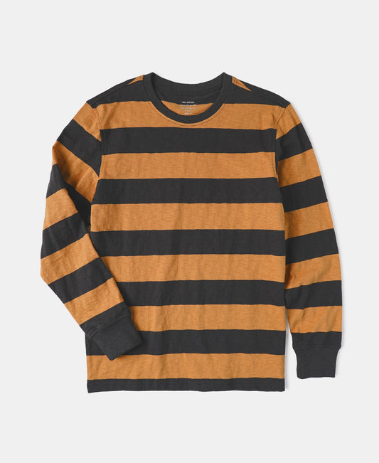 Wide Striped Long Sleeve T-Shirt Black Orange – Front View | Ghosts Vintage