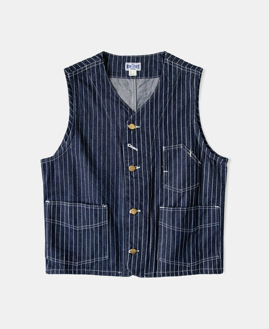 Wabash Stripe Work Vest Indigo – Front View | Ghosts Vintage