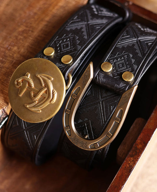 Western Leather Belt Black – Tooled Metal Plate Buckle Detail | Ghosts Vintage