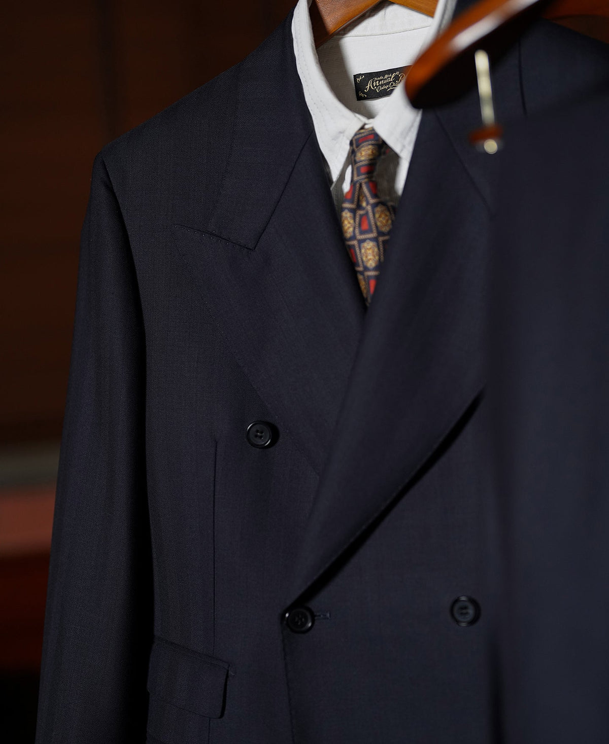 Navy Herringbone Suit Jacket – Peak Lapel Detail | Ghosts Vintage