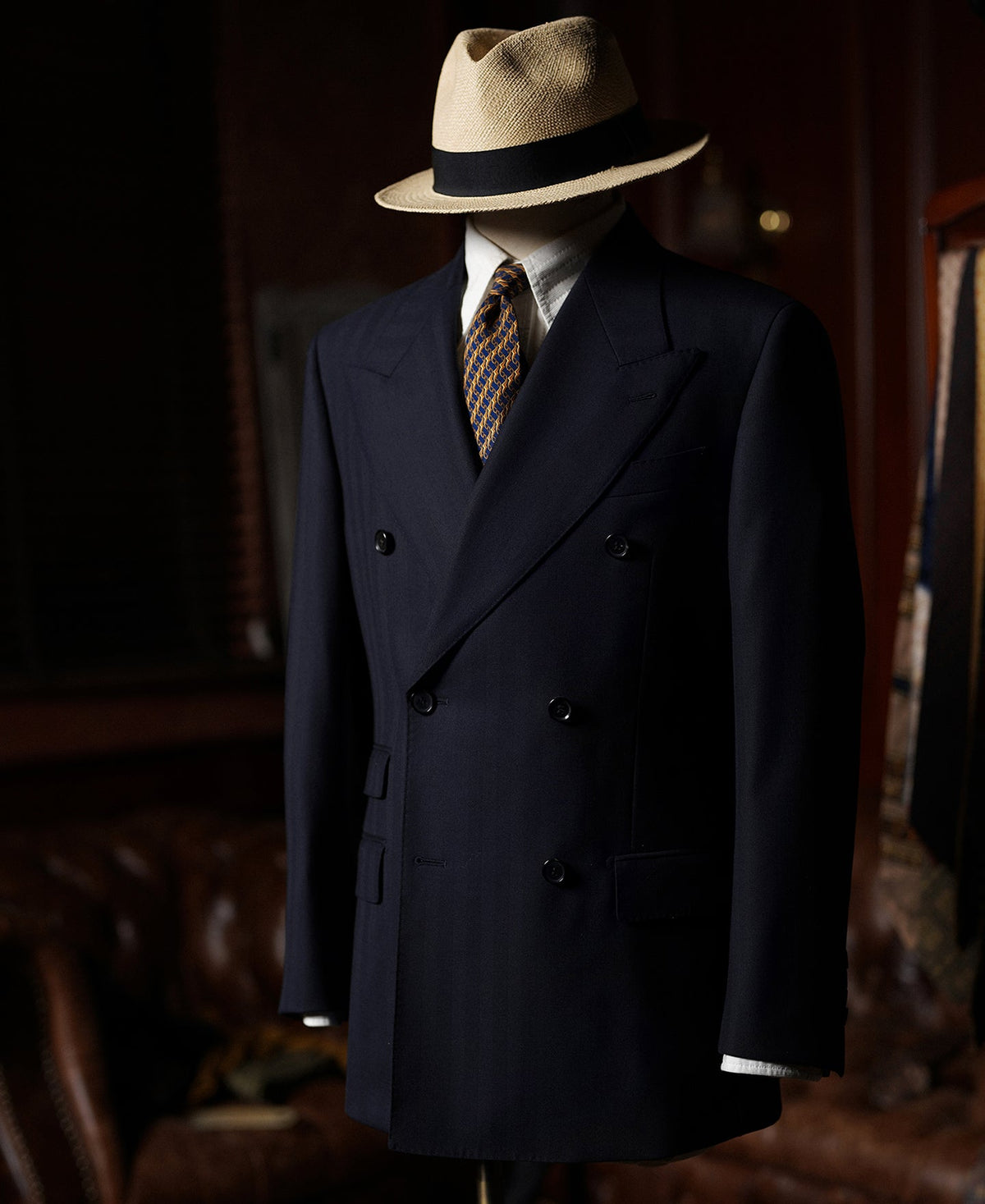 Herringbone Double-Breasted Suit Jacket Navy – Back View | Ghosts Vintage