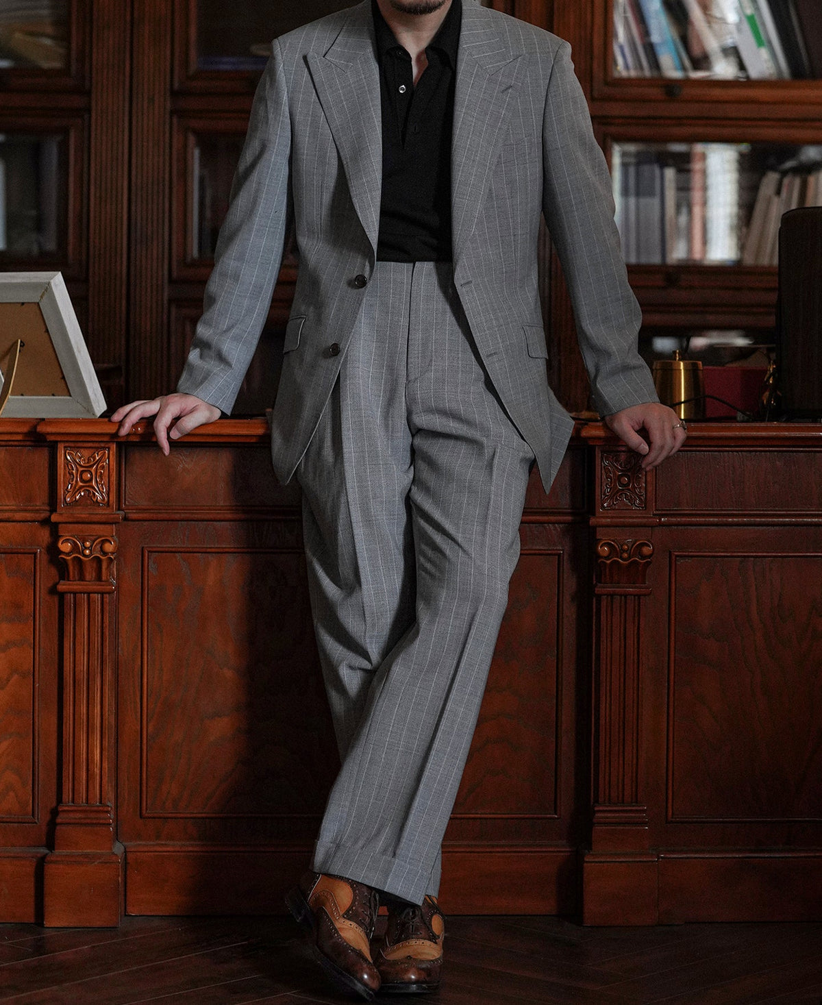 Gray Stripe Suit Jacket – Peak Lapel Detail | Ghosts Vintage
