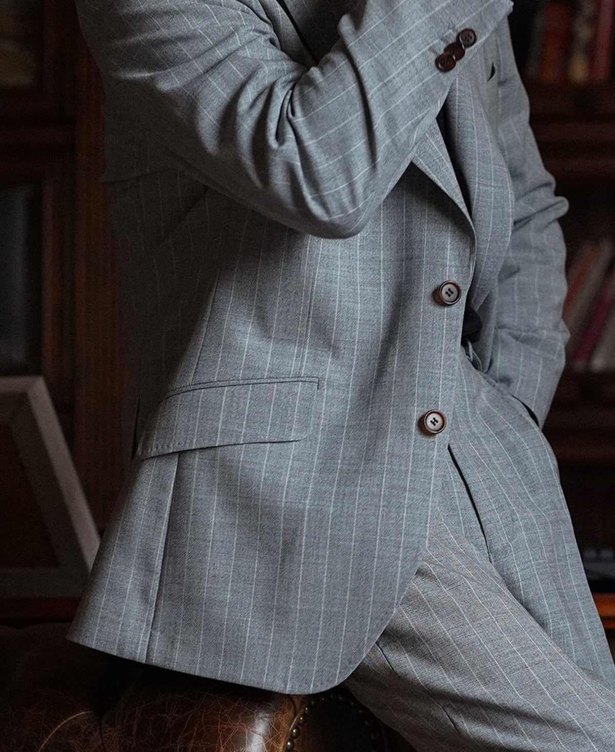 Gray Stripe Suit Jacket – Functional Surgeon Cuff Detail | Ghosts Vintage